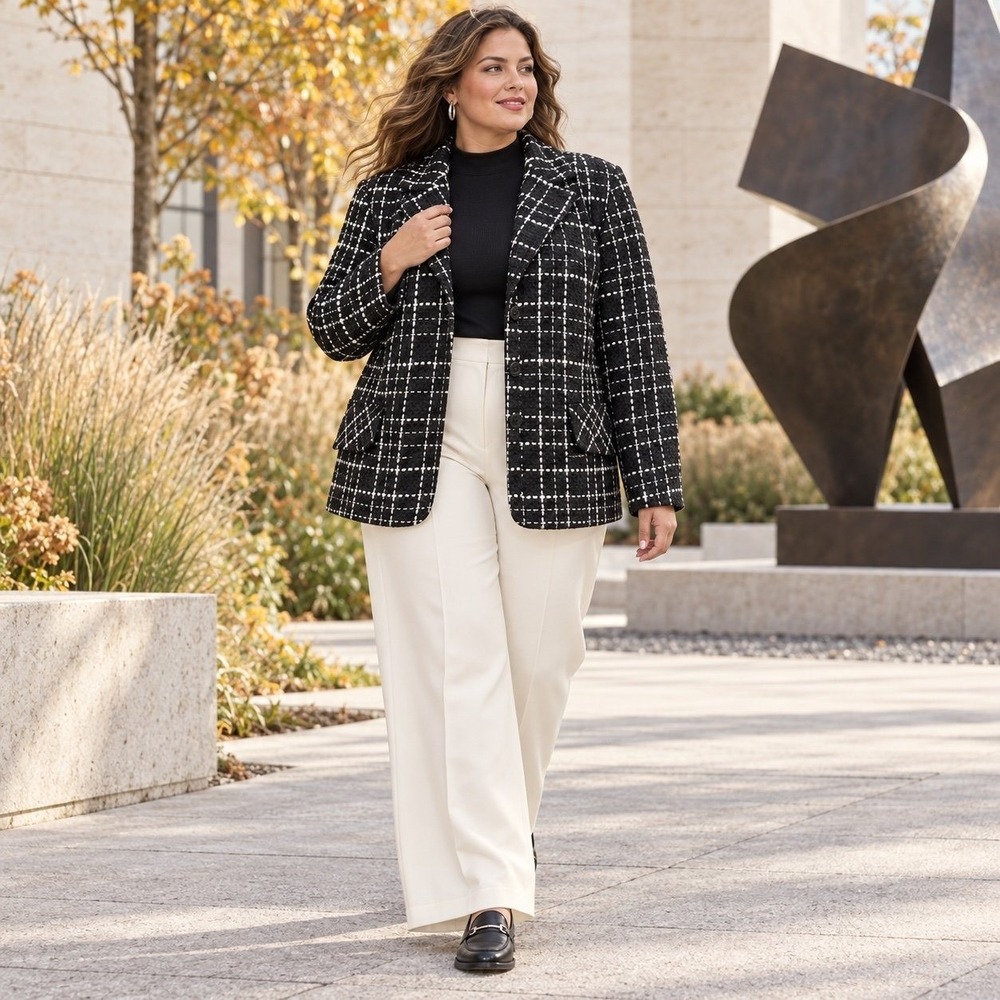 Fashion Bug Women's 22/24W Black White Plaid Bouclé Tweed Blazer Jacket